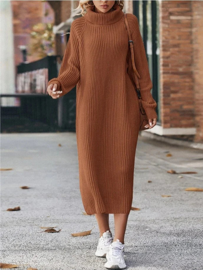Cosy knitted turtleneck dress in a range of colours, including milky white, caramel, black, dark gray, and dark green