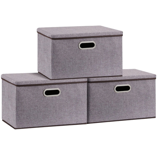 Large folding storage box set in cotton and linen, 44x30x30cm, grey colour