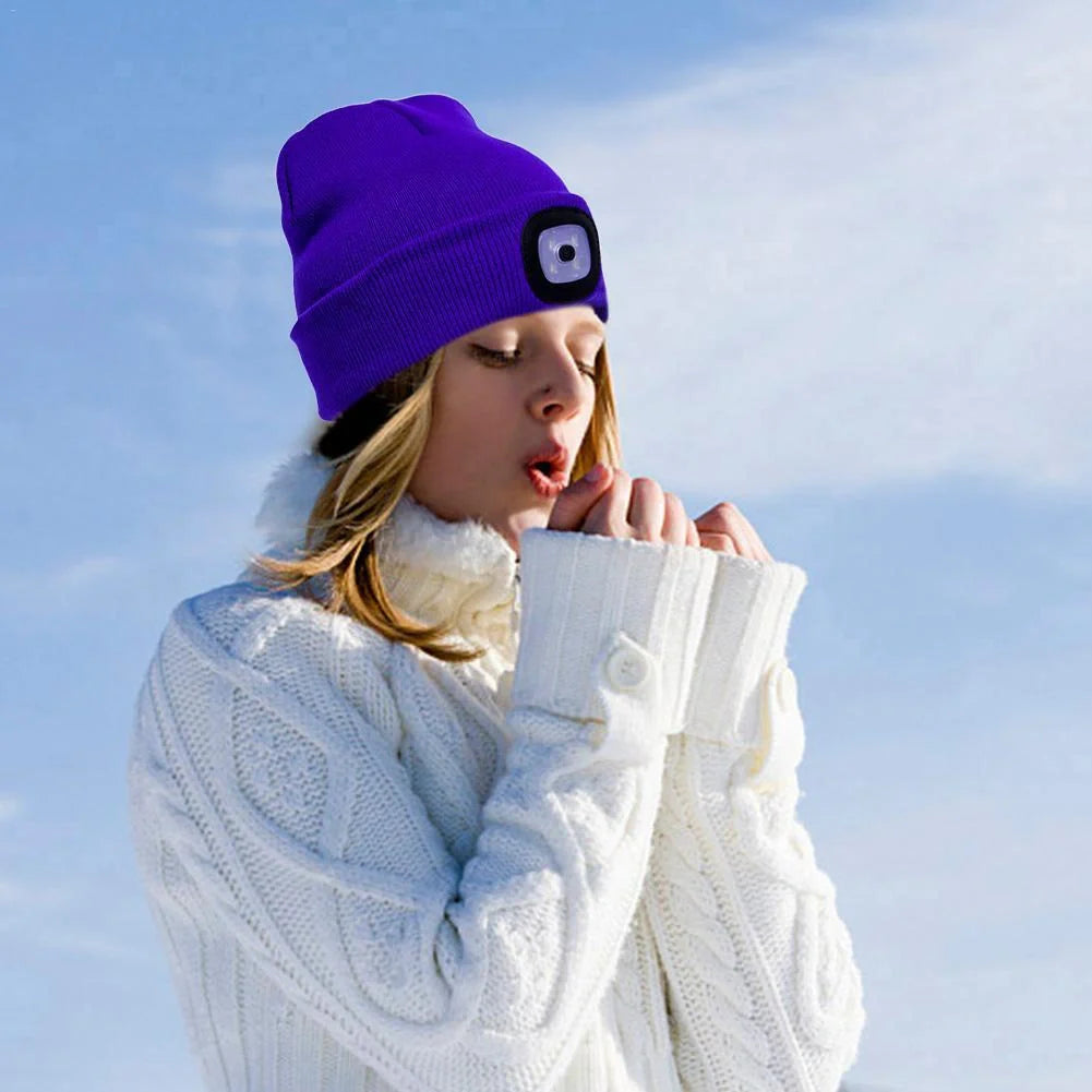 LED Knit Hat with built-in light for night visibility, made from 100% wool