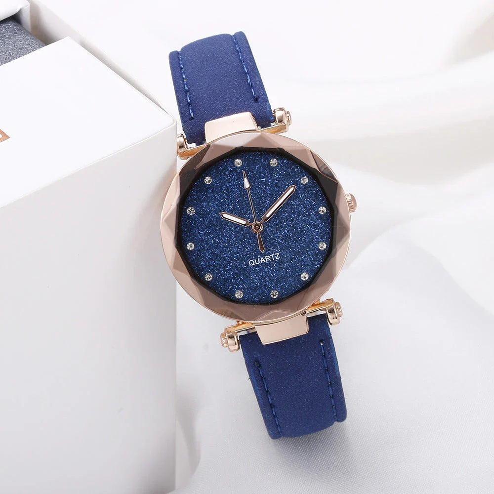 Stylish and versatile starry-patterned watch with a sleek case and comfortable leather strap, available in a variety of captivating colors