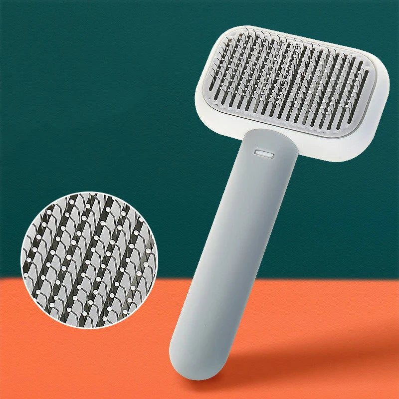 Premium pet hair brush with stainless steel and plastic construction, designed for grooming and massaging cats and dogs