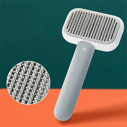 Premium pet hair brush with stainless steel and plastic construction, designed for grooming and massaging cats and dogs