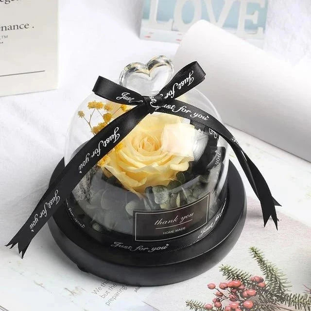 Enchanting Eternal Rose with LED lighting in a glass display, showcasing its timeless beauty and elegant design