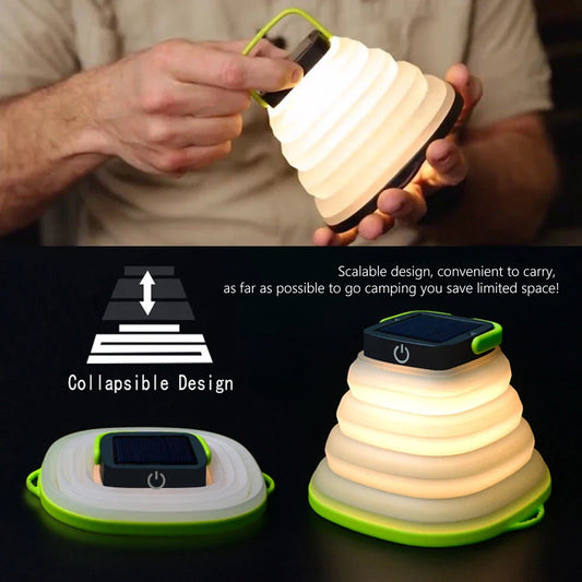 Collapsible camping lantern with solar charging, three brightness levels, and water-resistant design