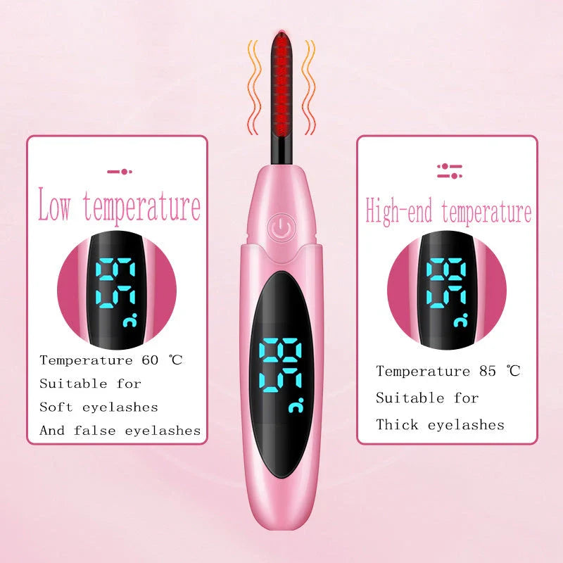 Cordless electric eyelash curler with USB charging and multiple temperature settings for long-lasting, salon-quality curl