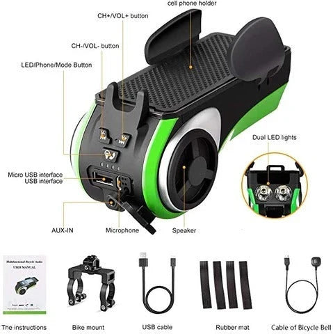 Versatile bicycle accessory with Bluetooth audio, LED lighting, power bank, phone holder, and ring bell