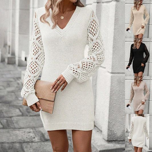 V-neck knitted dress in viscose-polyester blend, available in white, apricot, black, and beige.