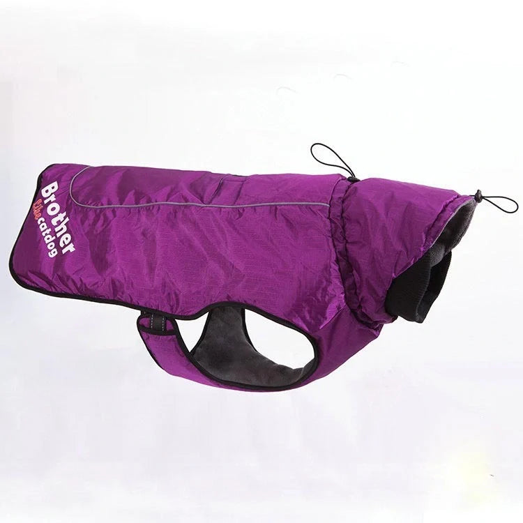 Waterproof reflective nylon pet coat in blue, purple, and orange for dogs