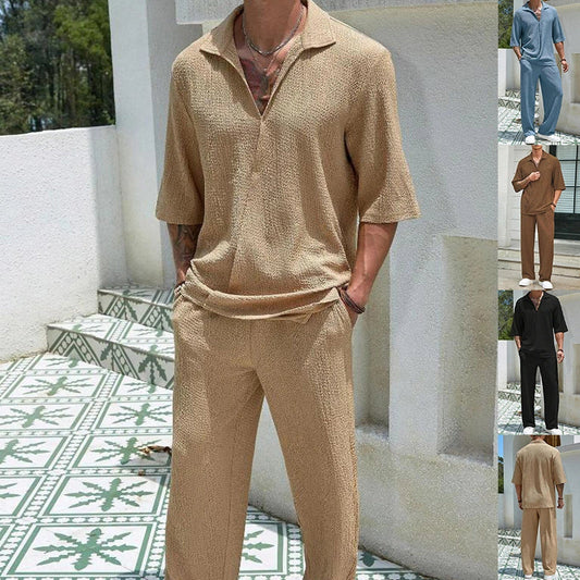 Men's summer commuter suit in cotton, short-sleeved top and loose straight trousers