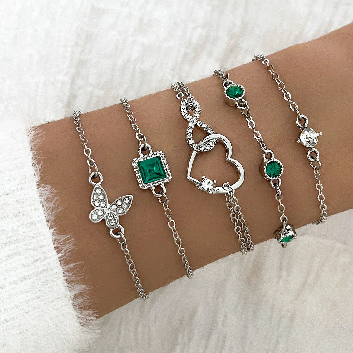 Bohemian green crystal heart bracelet set for women