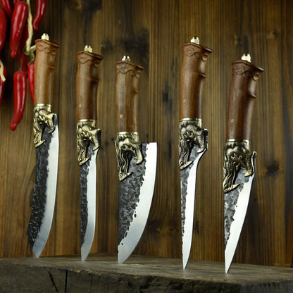 Hand-forged slicing knife with rosewood handle and pure copper guard