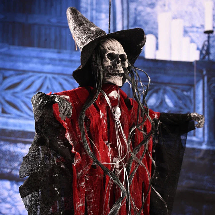 Spooky hanging skeleton ghost with glowing red eyes and haunting cries, perfect for Halloween decor