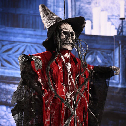 Spooky hanging skeleton ghost with glowing red eyes and haunting cries, perfect for Halloween decor