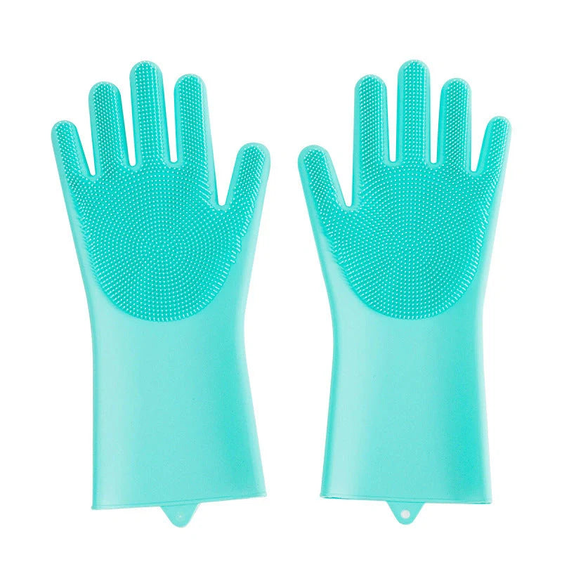 Silicone pet grooming glove in green and blue for small dogs and cats