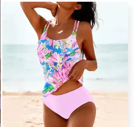 Vintage Printed Split High Waist Conservative Swimwear in black, pink, and grey green