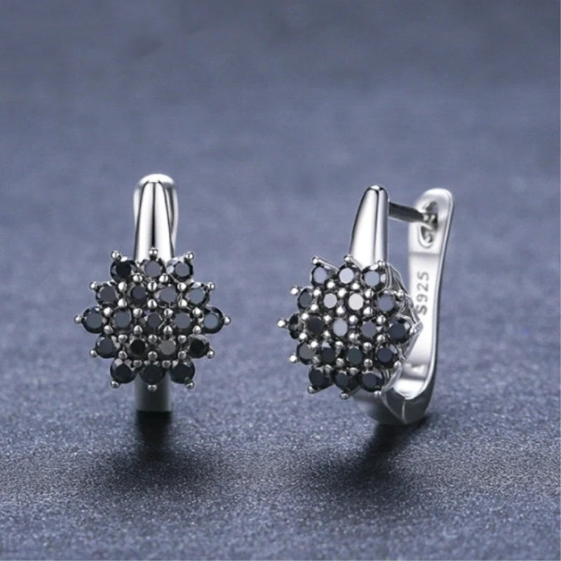 Korean-style copper vintage black zircon flower stud earrings for women