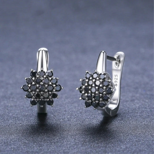 Korean-style copper vintage black zircon flower stud earrings for women