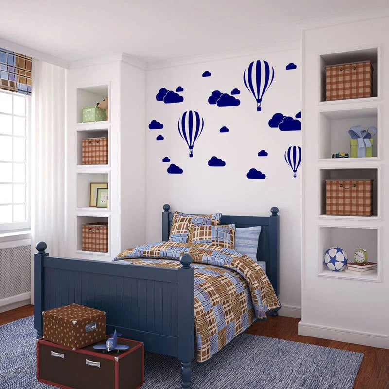 Elegant hot air balloon wall decals in various sizes and colours, perfect for adding a touch of whimsy to any room in your UK home