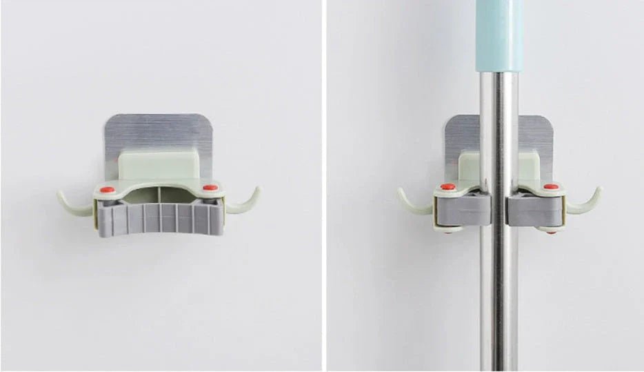 Adhesive wall-mounted mop and broom holder with double hooks for storing cleaning tools, available in multiple colors.
