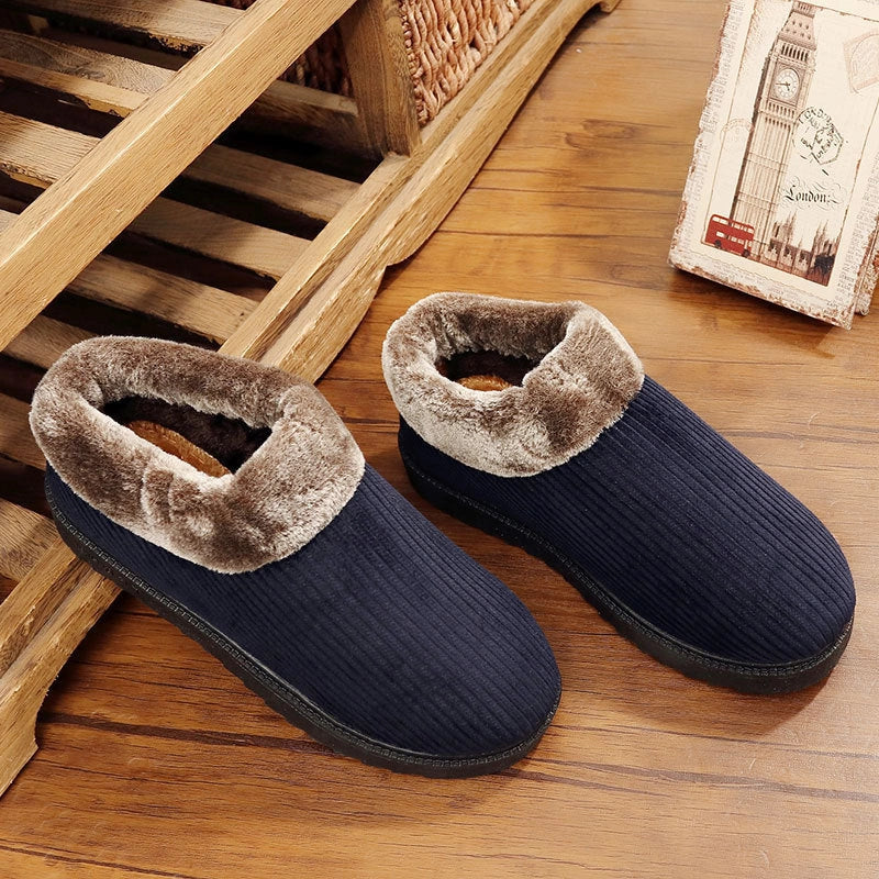 Men's winter casual cotton boots with thickened sole for home warmth, available in blue and coffee colours