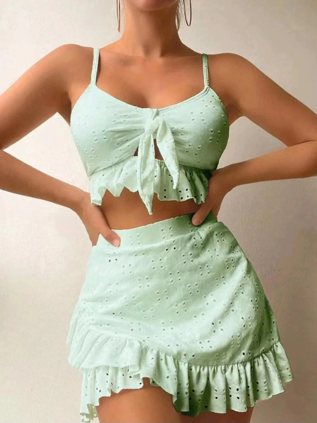 3-piece beach bikini set with hip-hugging skirt and ruffle design in various colours