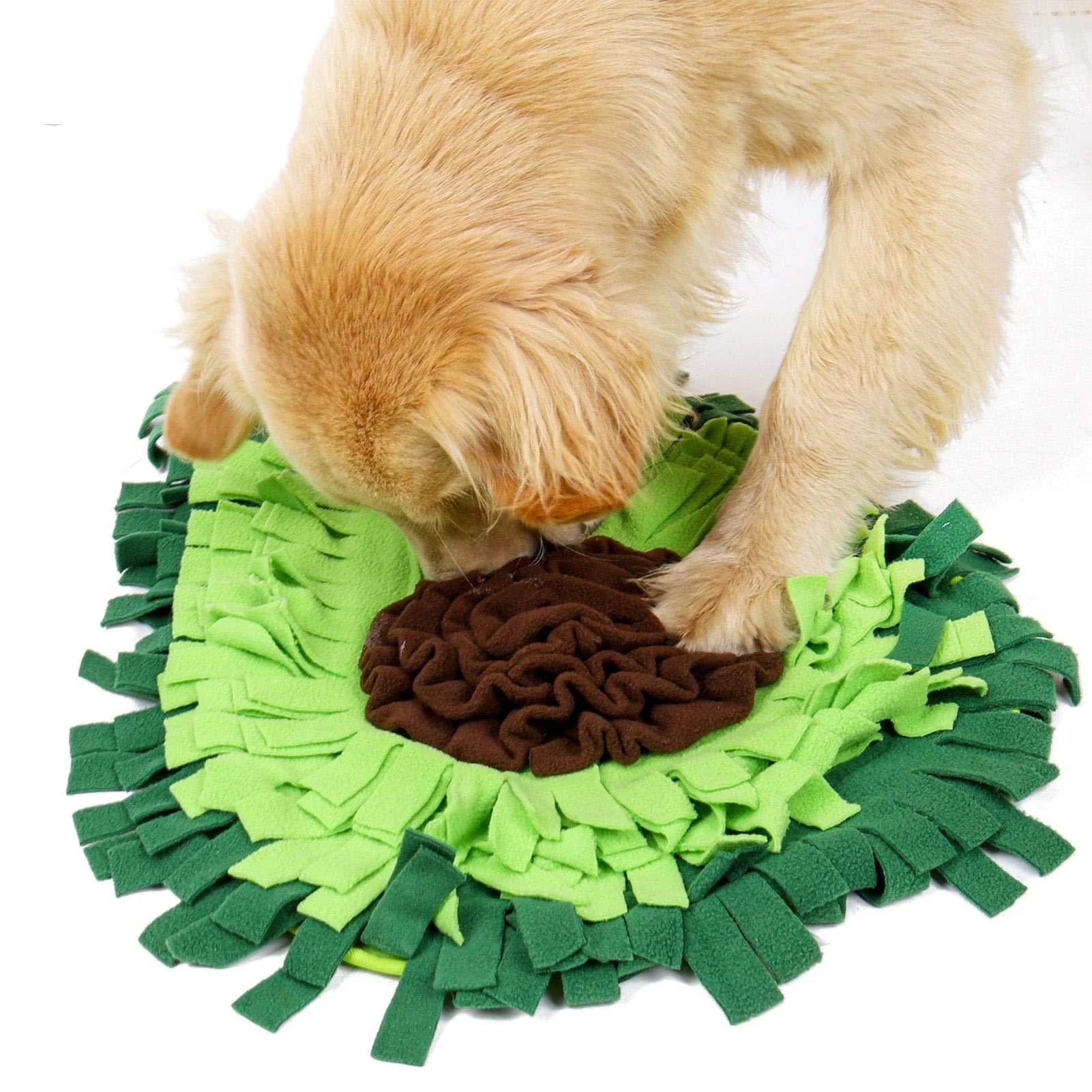 An interactive snuffle mat puzzle toy for dogs, designed to stimulate natural foraging behavior and relieve boredom