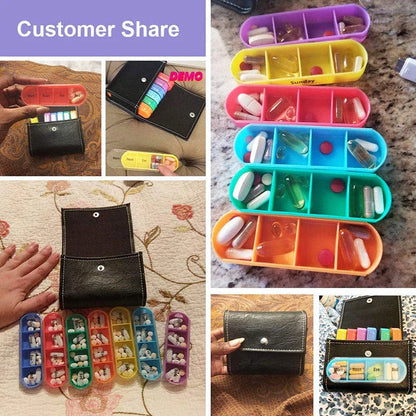 A black plastic 7-day pill organiser with rotating compartments and hidden storage for secure medication management