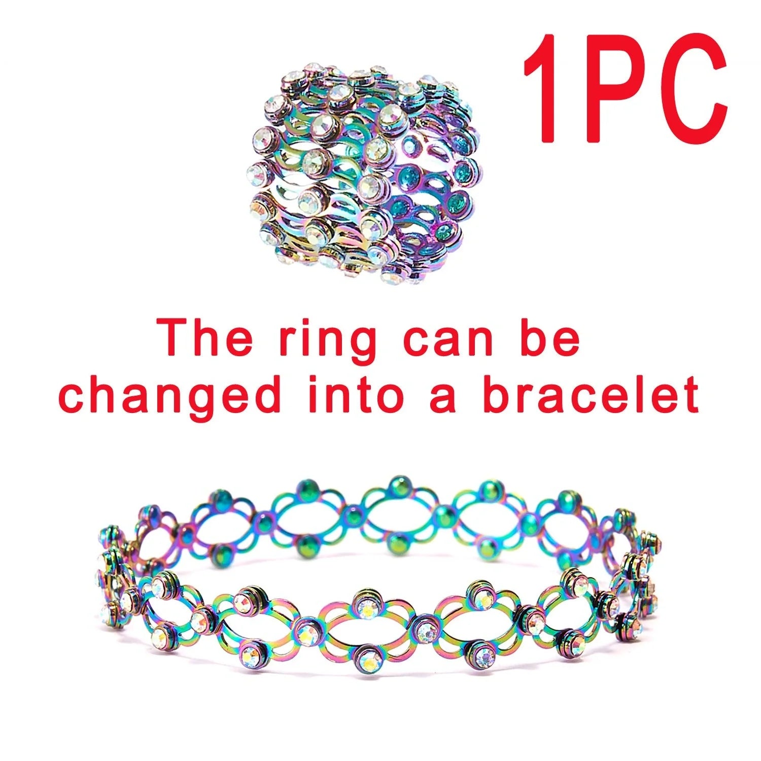 2-in-1 folding retractable rings bracelet with rhinestone detail, adjustable design
