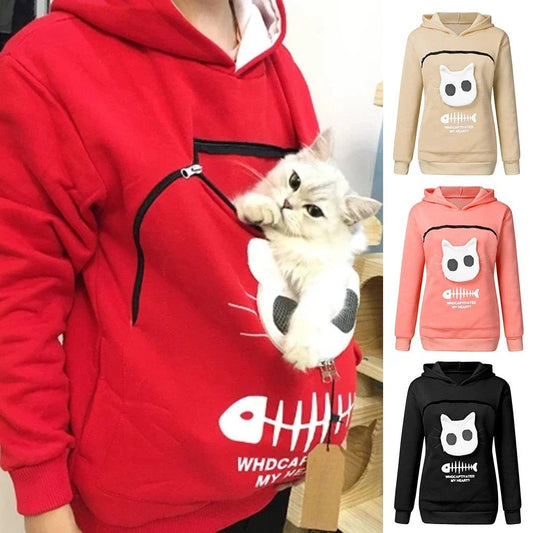 A stylish hooded jumper with a unique cat-themed pocket design, made from premium cotton fabric.