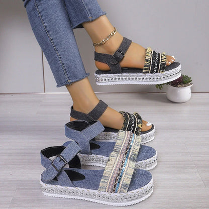 Stylish denim tassel sandals for women with thick flat sole, perfect for summer.