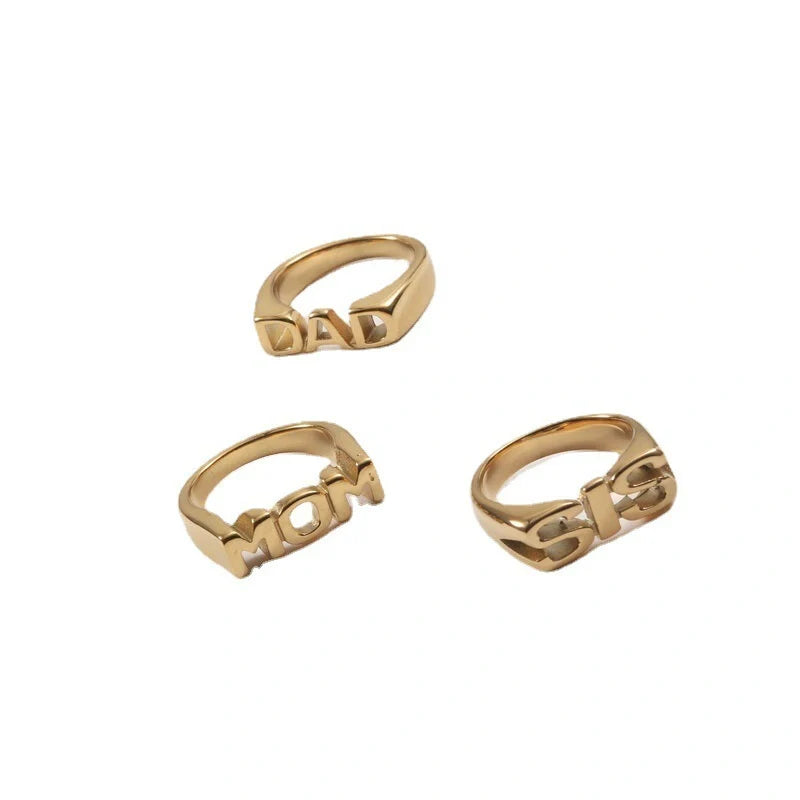 Women's Letter Seal Titanium Steel Plating 18K Gold Ring in various gold tones