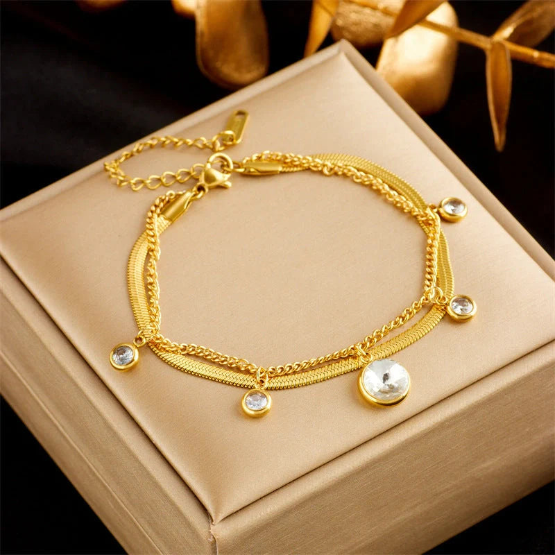 Gold plated punk fashion bracelet with double layer snake chain design and five-pointed star charm