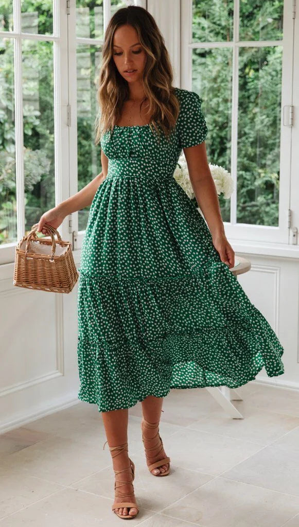 Elegant floral puff sleeve midi dress in various colours and patterns