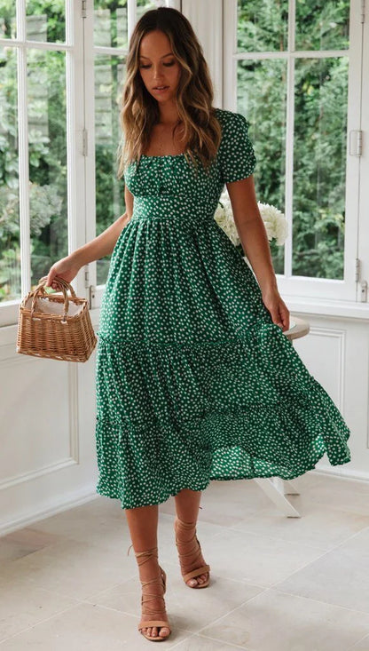 Elegant floral puff sleeve midi dress in various colours and patterns