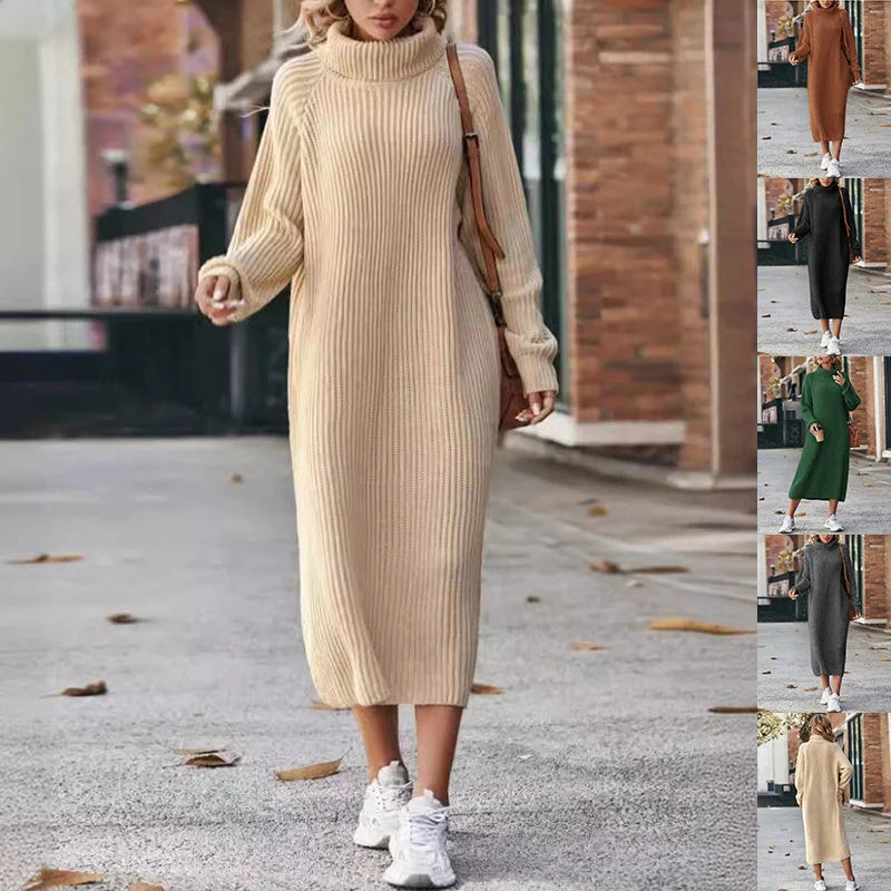 Cosy knitted turtleneck dress in a range of colours, including milky white, caramel, black, dark gray, and dark green