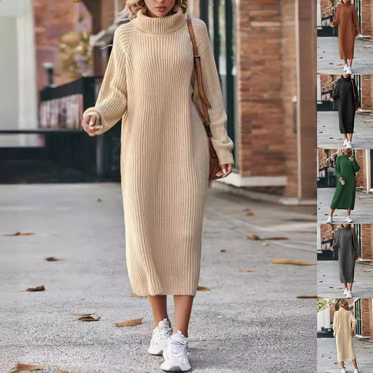 Cosy knitted turtleneck dress in a range of colours, including milky white, caramel, black, dark gray, and dark green