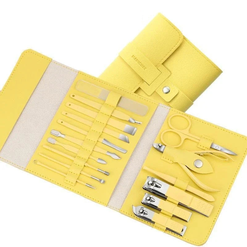 A 16-piece premium manicure and pedicure set with stainless steel tools and a stylish leather case