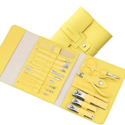A 16-piece premium manicure and pedicure set with stainless steel tools and a stylish leather case