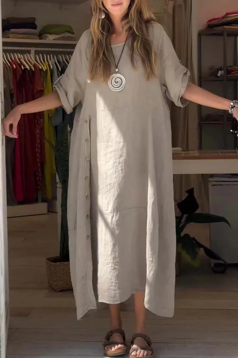 Loose casual short sleeve dress in cotton and linen with 3D effect, available in multiple colours