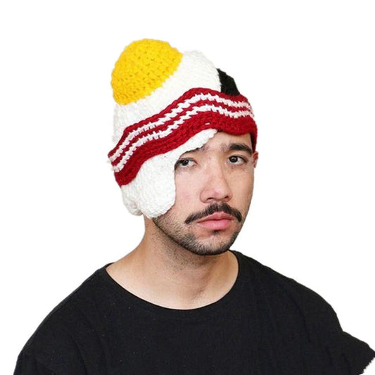 Hand-knitted egg hat in white with stripe pattern, perfect for winter and parties