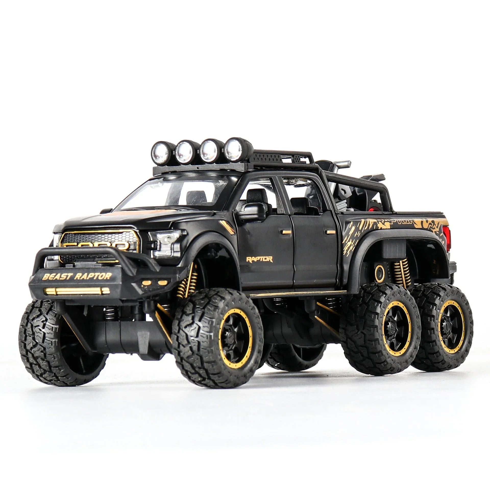 Exquisite 1:28 scale Ford off-road alloy toy car with simulated sound and light effects, damping spring, and six functional doors