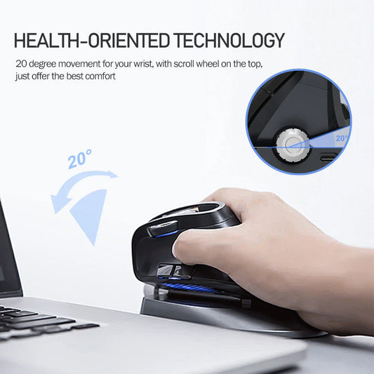 Ergonomic wireless vertical mouse with adjustable angle, high-precision sensor, and intuitive controls for enhanced productivity and comfort