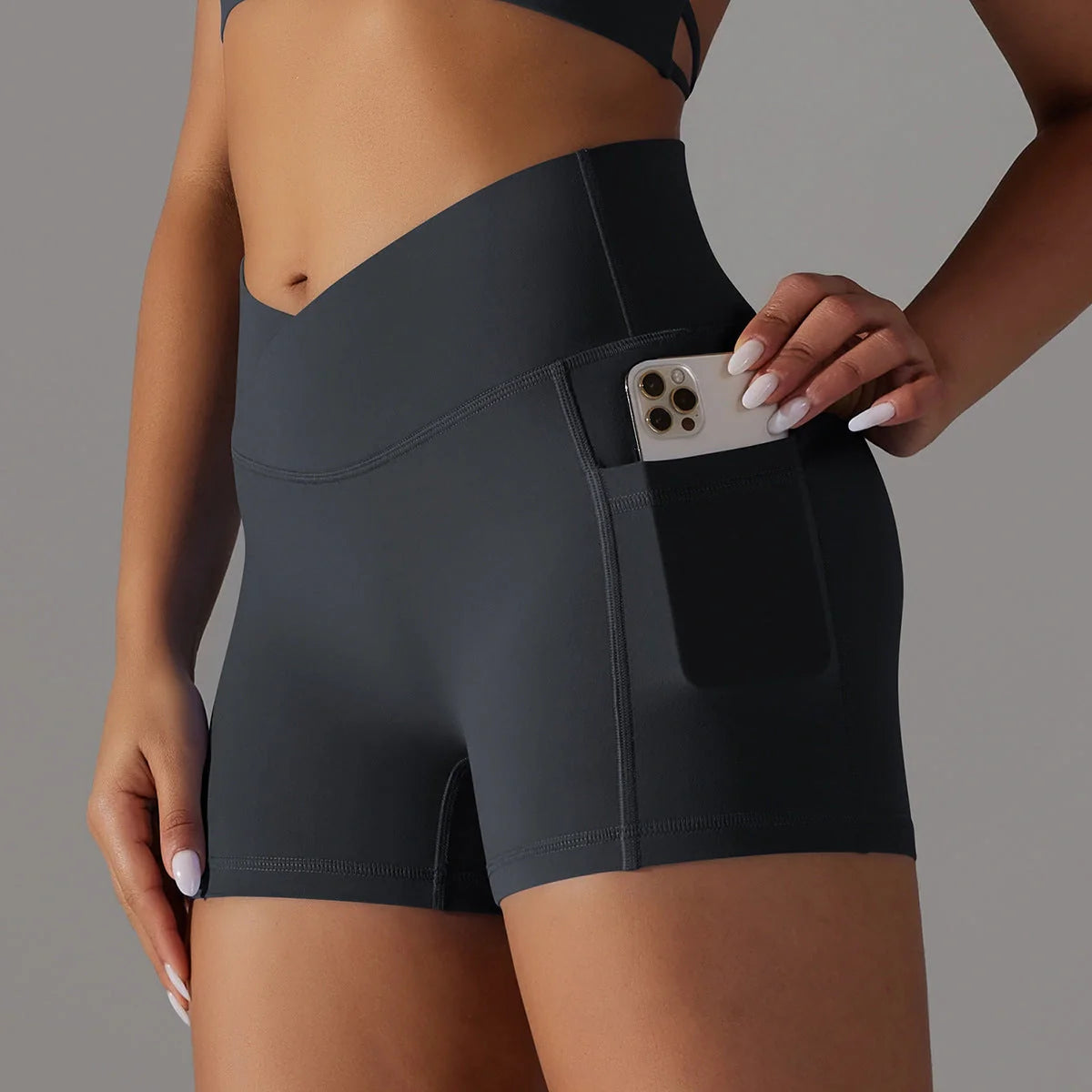 Women's yoga shorts with phone pocket in various colours