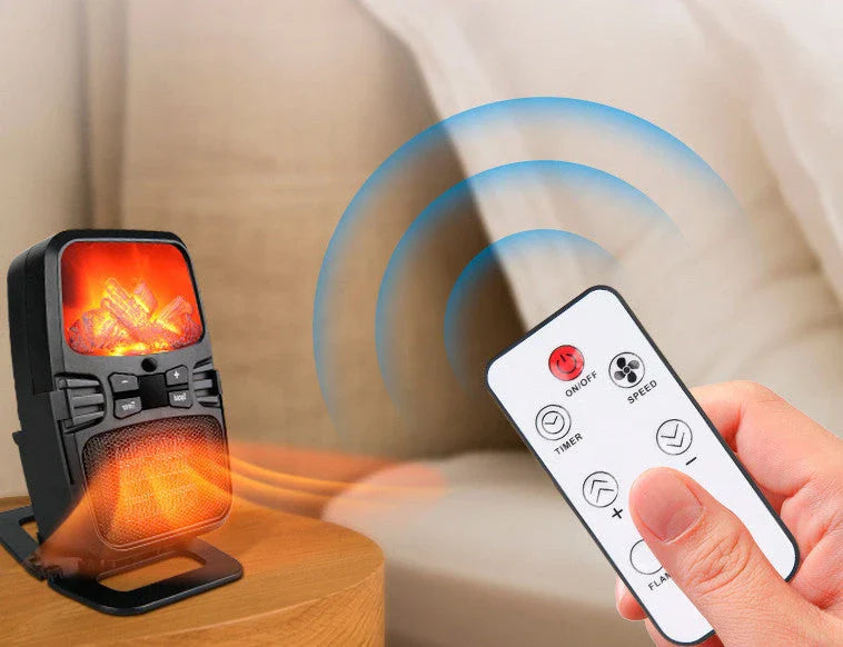 Compact 1000W electric fan heater with remote control, suitable for home and office use