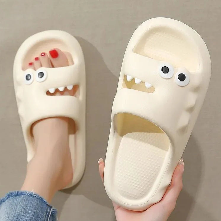 Cartoon-themed PVC slippers with non-slip thick soles in various colours