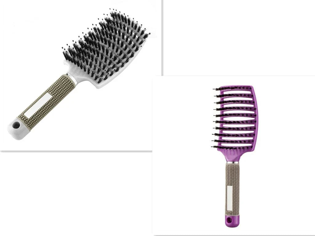 A premium hair brush with a sleek design, featuring soft bristles and a rounded massage function for healthy, detangled hair
