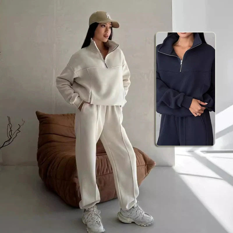 Stylish Y2K Women's Winter Jogging Two-Piece Set in apricot and navy blue