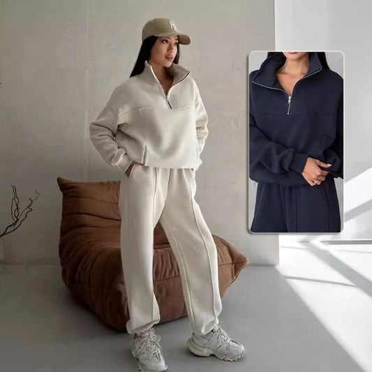 Stylish Y2K Women's Winter Jogging Two-Piece Set in apricot and navy blue