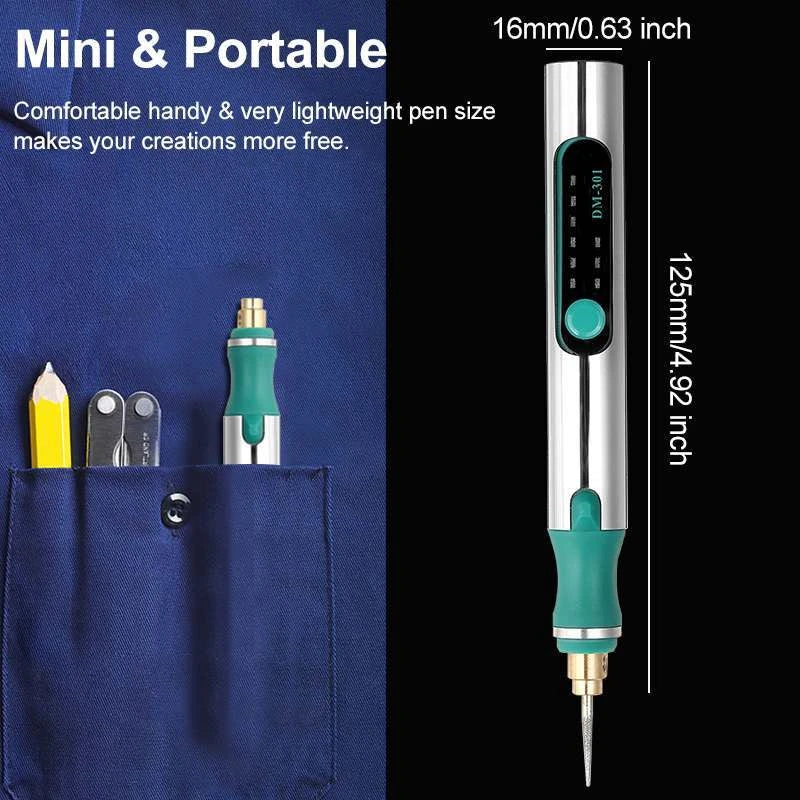 Rechargeable engraving pen with adjustable speed, mini grinder, and various accessories for personalization and crafting