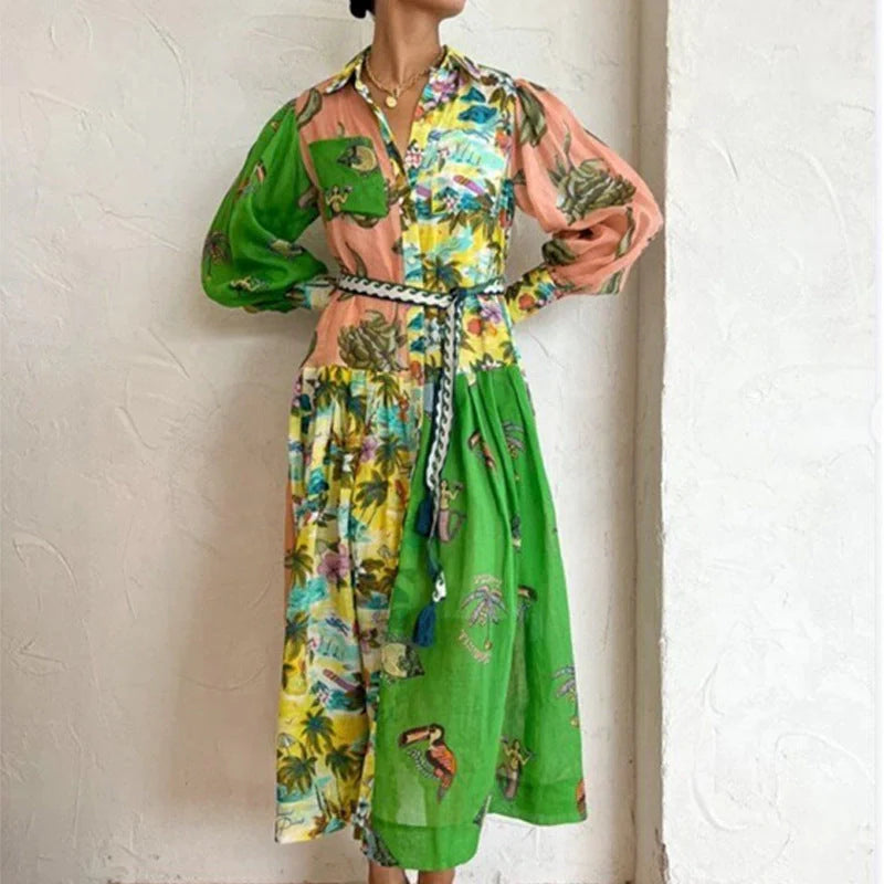 Women's A-line beach dress with long lantern sleeves in various colours